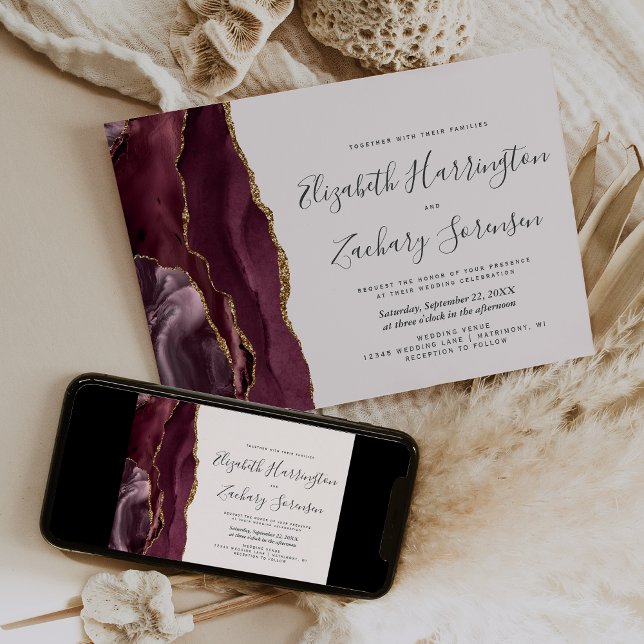Modern Burgundy Gold Agate Blush Wedding Invitation (Creator Uploaded)