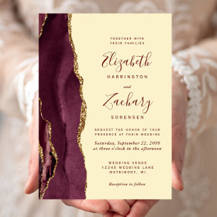 Modern Burgundy Gold Agate Butter Yellow Wedding Invitation