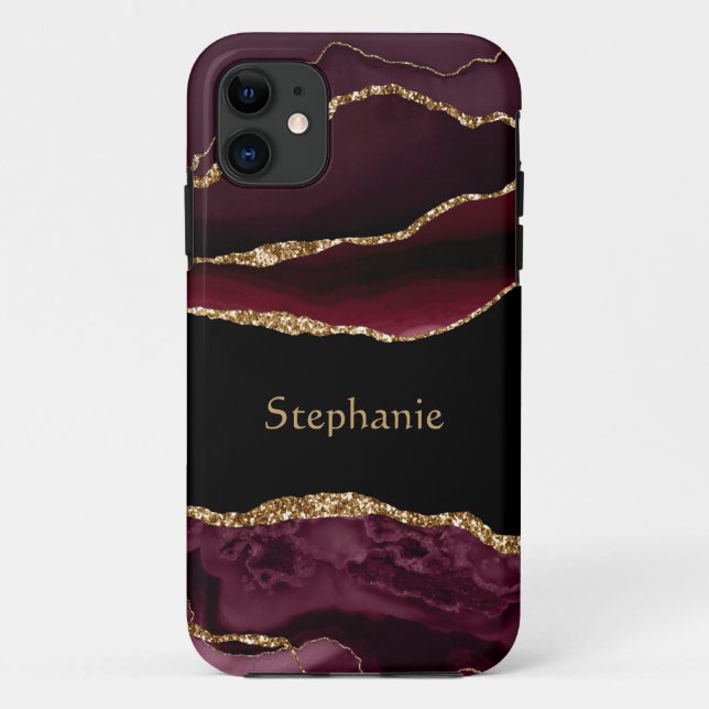 Modern Burgundy Gold Agate Crystal Personalise Case-Mate iPhone Case (Back)