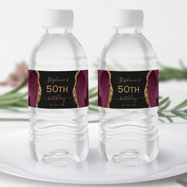 Modern Burgundy Gold Agate Dark 50th Birthday Water Bottle Label (Creator Uploaded)