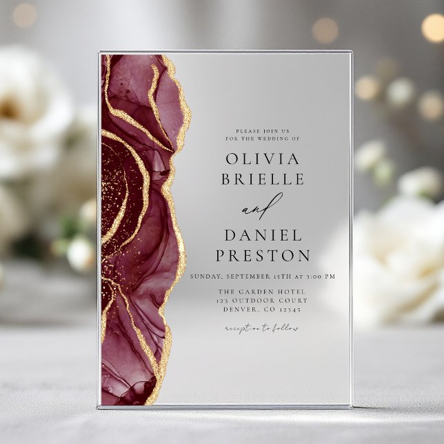 Modern Burgundy Gold Agate Elegant Wedding Acrylic Invitations (Creator Uploaded)