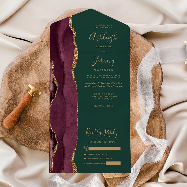 Modern Burgundy Gold Agate Green Wedding All In One Invitation (Creator Uploaded)