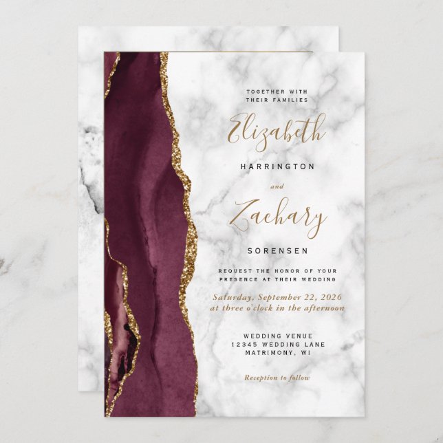 Modern Burgundy Gold Agate Marble Photo Wedding Invitation (Front/Back)