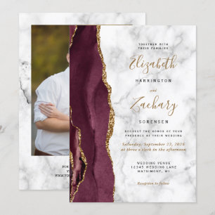 Modern Burgundy Gold Agate Marble Photo Wedding Invitation