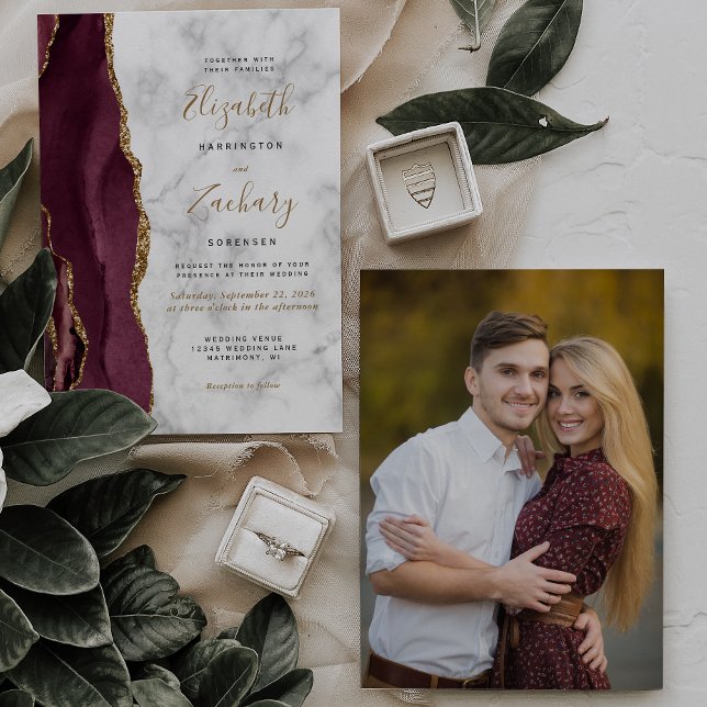 Modern Burgundy Gold Agate Marble Photo Wedding Invitation (Creator Uploaded)