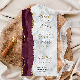 Modern Burgundy Gold Agate Marble Wedding All In One Invitation