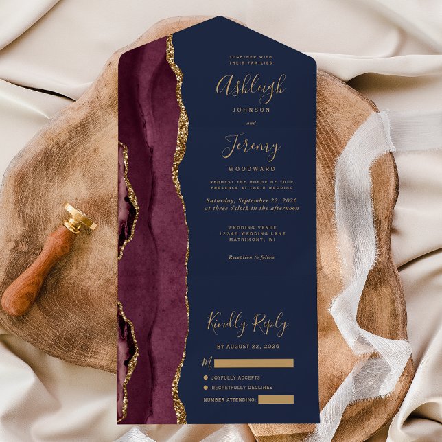 Modern Burgundy Gold Agate Navy Blue Wedding All In One Invitation (Creator Uploaded)