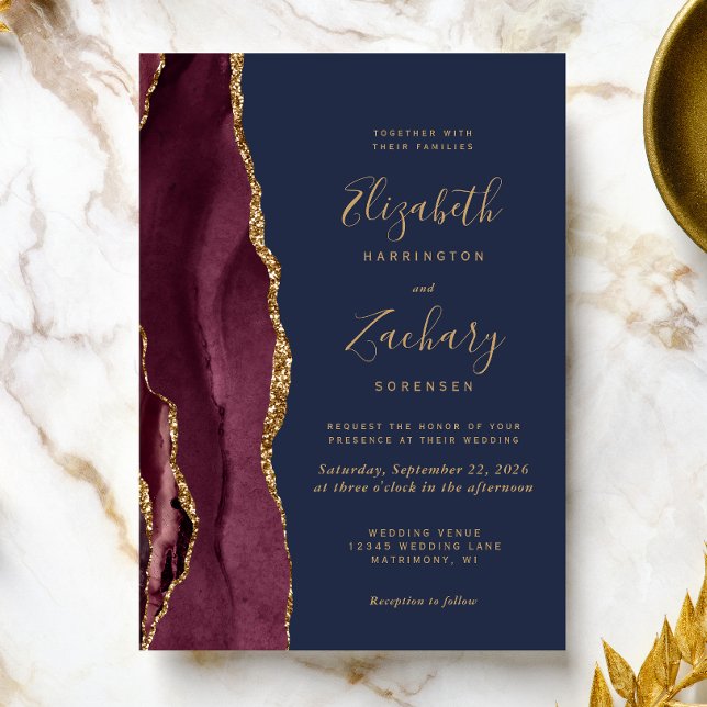 Modern Burgundy Gold Agate Navy Blue Wedding Invitation (A perfect choice for a burgundy and navy blue themed wedding.)