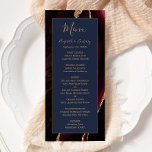 Modern Burgundy Gold Agate Navy Blue Wedding Menu<br><div class="desc">This elegant,  modern wedding menu features a watercolor burgundy agate background trimmed with gold faux glitter. The text appears in elegant gold coloured handwriting and copperplate fonts on a navy blue rectangle. The agate design is repeated on the reverse.</div>