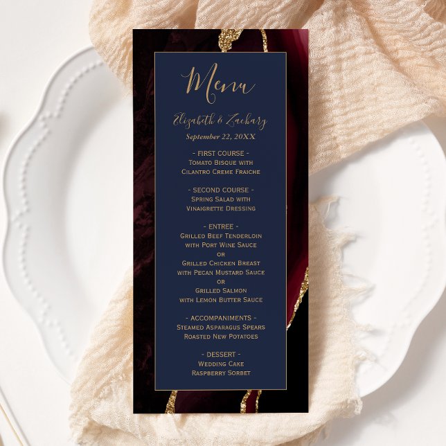 Modern Burgundy Gold Agate Navy Blue Wedding Menu (Creator Uploaded)