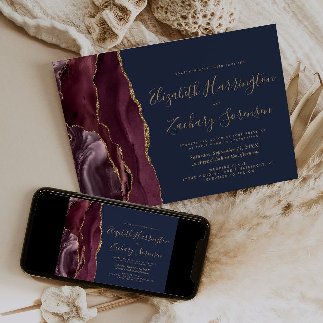 Modern Burgundy Gold Agate Navy Wedding Invitation (Creator Uploaded)