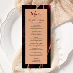 Modern Burgundy Gold Agate Peach Wedding Menu<br><div class="desc">This elegant,  modern wedding menu features a watercolor burgundy agate background trimmed with gold faux glitter. The text appears in elegant burgundy handwriting script and charcoal grey copperplate font on a peach rectangle. The agate design is repeated on the reverse.</div>