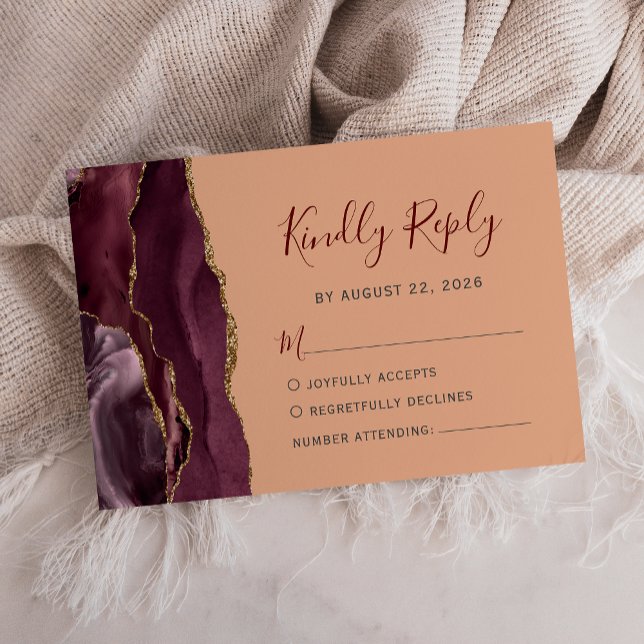 Modern Burgundy Gold Agate Peach Wedding RSVP Card (Creator Uploaded)