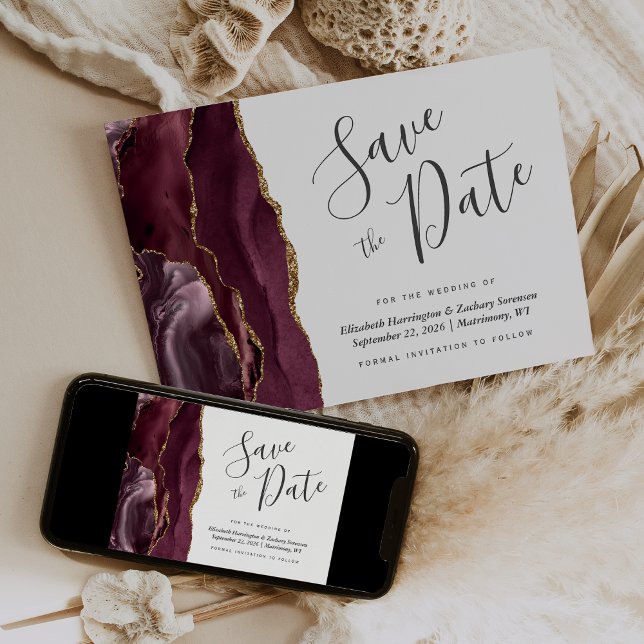 Modern Burgundy Gold Agate Save the Date Card (Creator Uploaded)