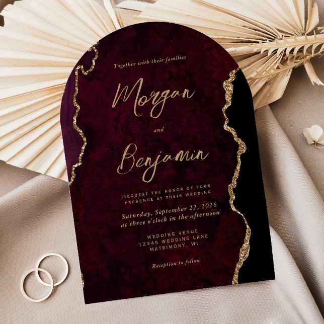 Modern Burgundy Gold Agate Script Arch Wedding Invitation (Creator Uploaded)