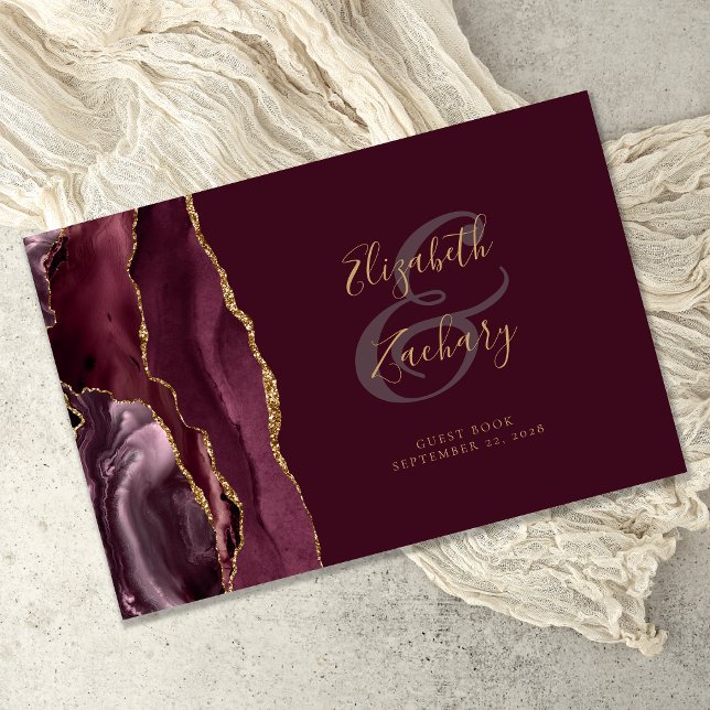 Modern Burgundy Gold Agate Script Guest Book (Creator Uploaded)