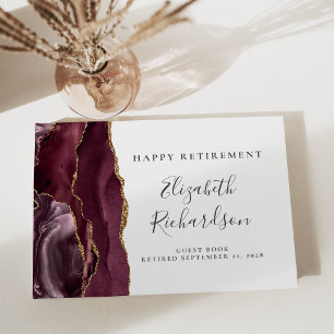 Modern Burgundy Gold Agate Script Retirement Guest Book