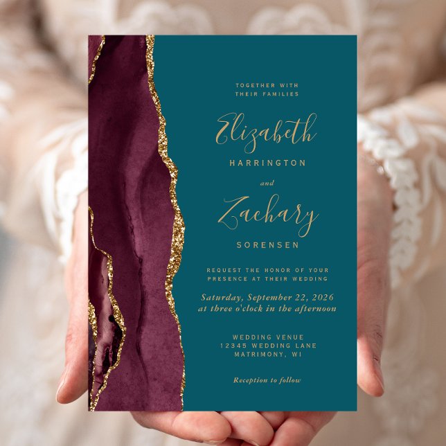 Modern Burgundy Gold Agate Teal Wedding Invitation (Creator Uploaded)