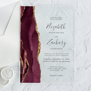 Modern Burgundy Gold Agate Wedding Acrylic Invitations