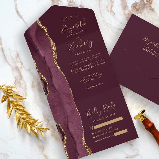 Modern Burgundy Gold Agate Wedding All In One Invitation (An elegant choice for a burgundy and gold themed wedding.)