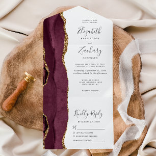 Modern Burgundy Gold Agate Wedding All In One Invitation