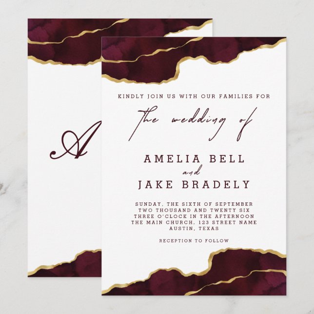 Modern Burgundy Gold Agate Wedding Invitation (Front/Back)