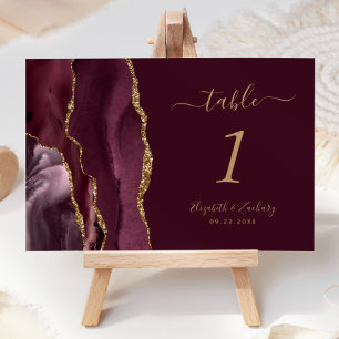 Modern Burgundy Gold Agate Wedding Table Number