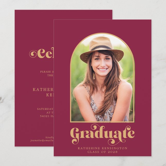 Modern Burgundy Gold Arch Photo Graduation Party Invitation (Front/Back)