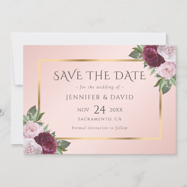 Modern Burgundy Gold Blush Pink Floral Save The Date (Front)