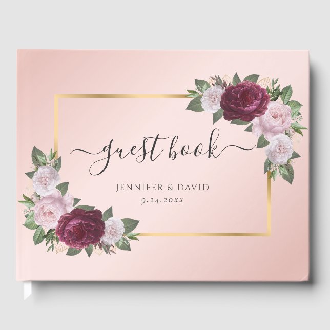 Modern Burgundy Gold Blush Wedding Guest Book (Front)