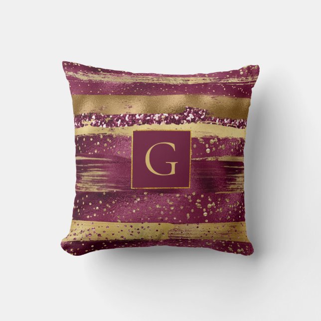 Modern burgundy, gold brush strokes and monogram cushion (Front)
