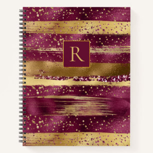 Modern burgundy, gold brush strokes and monogram notebook