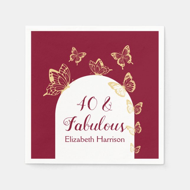 Modern Burgundy Gold Butterflies Fabulous Birthday Napkin (Front)