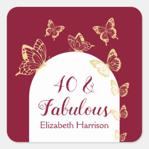 Modern Burgundy Gold Butterflies Fabulous Birthday Square Sticker