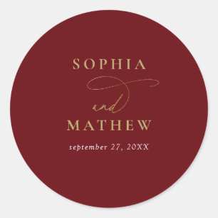 Modern Burgundy Gold Calligraphy Wedding Classic Round Sticker