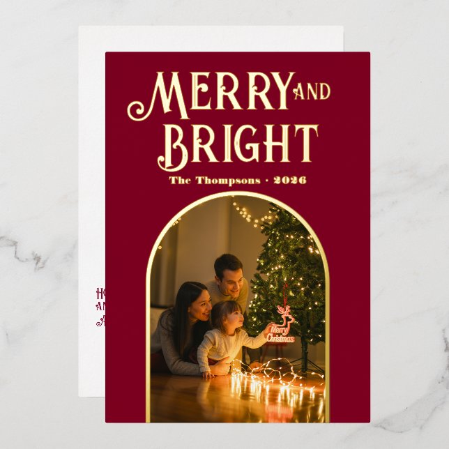 Modern Burgundy & Gold Christmas Photo Foil Holiday Card (Front/Back)