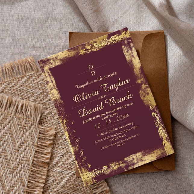 Modern Burgundy & Gold Frame Wedding Invitation (Creator Uploaded)