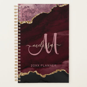 Modern Burgundy Gold Glitter Agate Monogram 2023 Planner