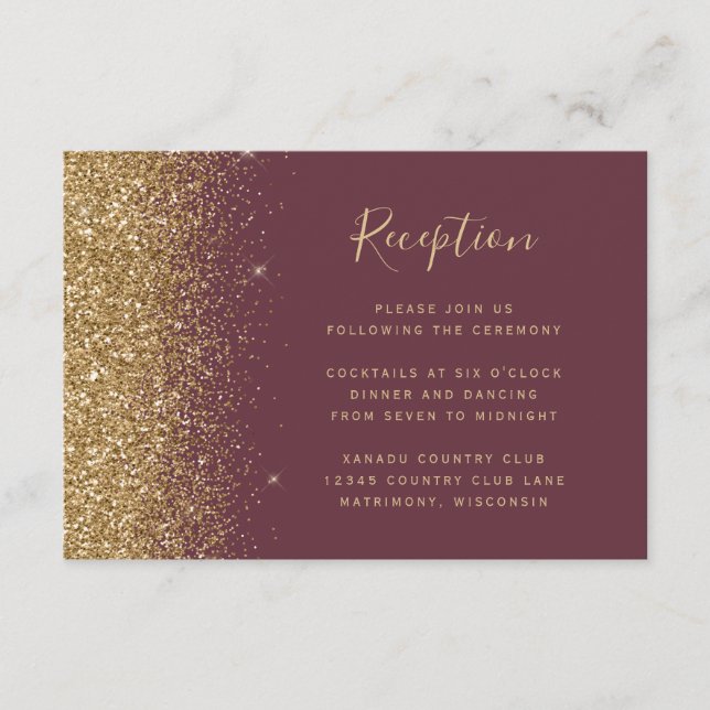 Modern Burgundy Gold Glitter Wedding Reception Enclosure Card (Front)