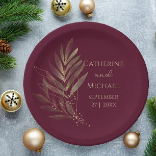 Modern Burgundy Gold Leaf Wedding Monogram Paper Plate