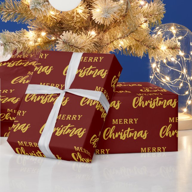 Modern Burgundy Gold Merry Christmas Pattern Wrapping Paper (Holidays)