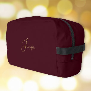 Modern Burgundy Gold Monogram Gym Travel Cosmetic Dopp Kit