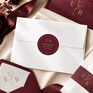 Modern Burgundy Gold Monogram Wedding  Classic Round Sticker