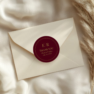 Modern Burgundy Gold Monogram Wedding Round Sticke Classic Round Sticker