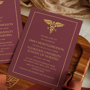 Modern Burgundy Gold Nursing School RN Graduation Invitation