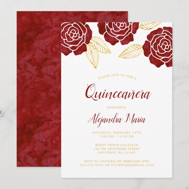 Modern Burgundy Gold Roses Quinceanera Invitations (Front/Back)