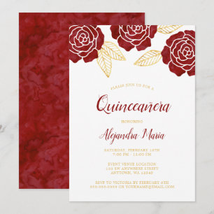 Modern Burgundy Gold Roses Quinceanera Invitations