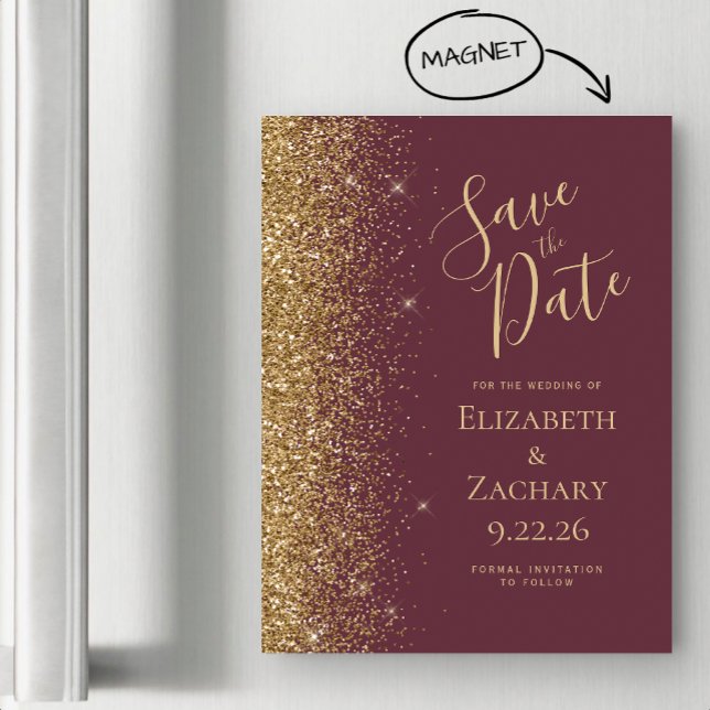 Modern Burgundy Gold Save the Date Magnetic Card (Creator Uploaded)