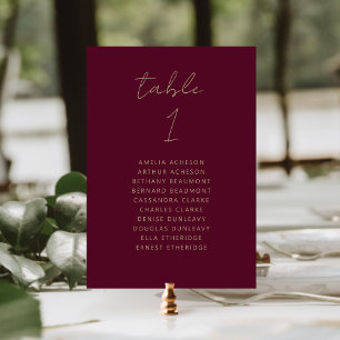 Modern Burgundy Gold Script Wedding Table Number