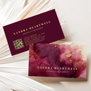 Modern Burgundy Gold Watercolor Abstract QR Code Business Card